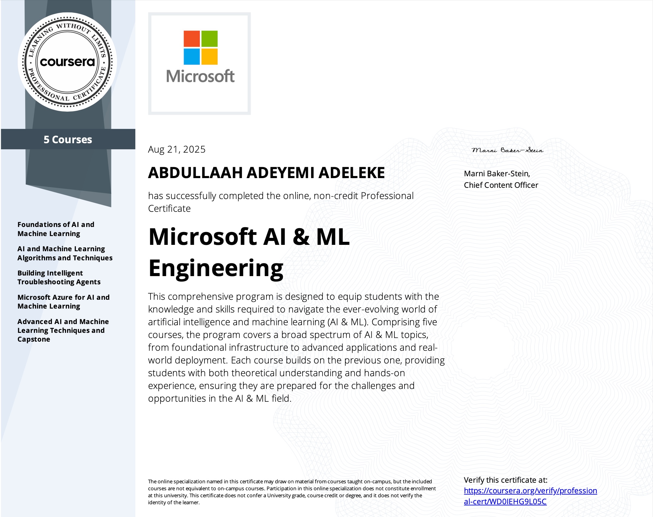 MICROSOFT AI & MACHINE LEARNING CERTIFICATION 